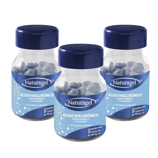 acido hialurónico, vitamina a y colágeno 3 frascos con 30 cápsulas C/U; vista frontal centrada de tres frascos transparentes con tapas azules y cápsulas azules, etiqueta azul con marca Naturagel y texto “Ácido Hialurónico con Vitamina A y Colágeno”; según etiqueta previene pigmentación y manchas asociadas a la edad, retiene la hidratación y aumenta la producción de colágeno; formato compacto que suele utilizarse para viaje.