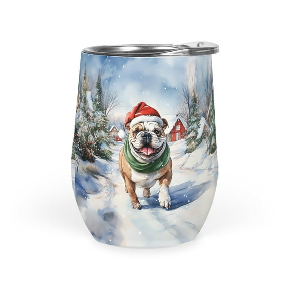 Hello Winter Bulldog Frosty Morning Walk Welcome Snowy Christmas 12oz Stainless Steel Wine Tumbler Insulated Cup with Lid Dog Lover Gifts Idea - 02018