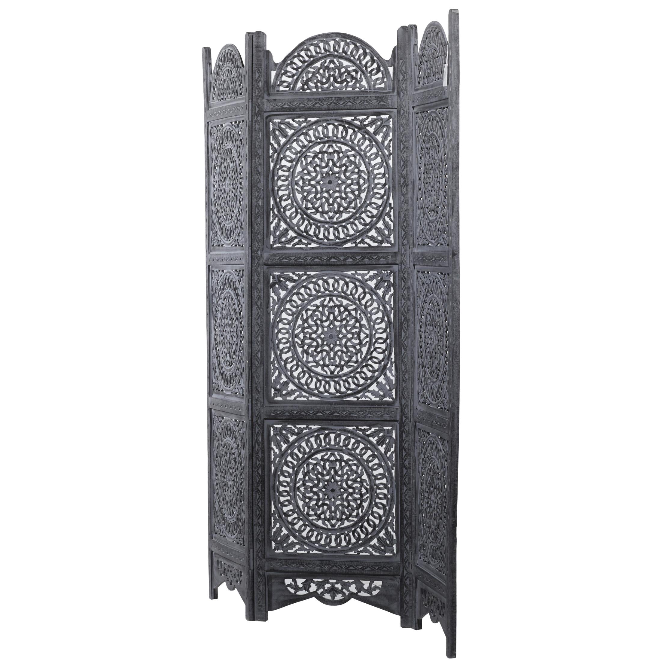 DecMode 60" x 72" Black Wood Floral Handmade Foldable Partition 3 Panel Room Divider Screen with Carved Designs, 1-Piece