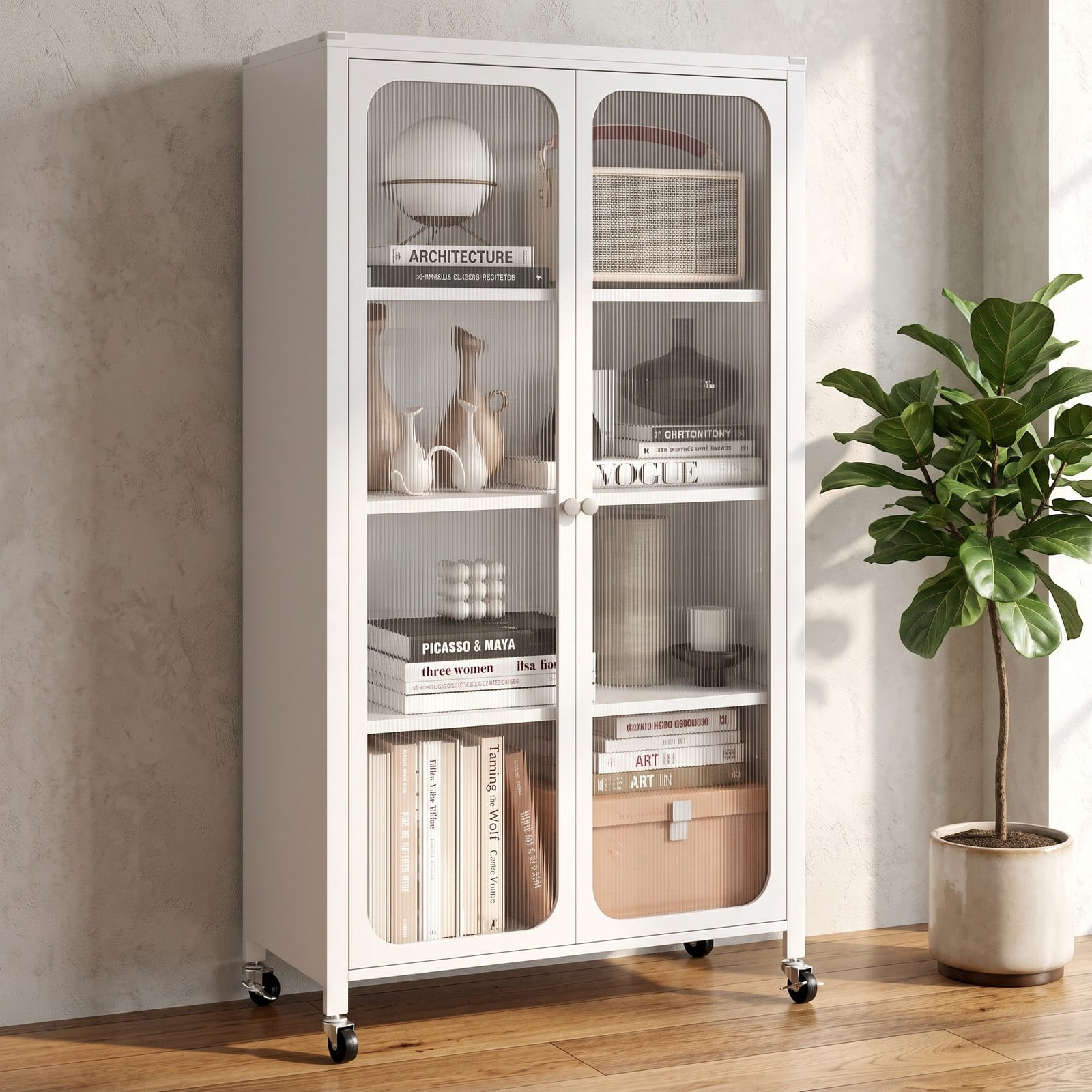 Furnibear 58 Inch Metal Bookcase with Adjustable Shelves, 4-Tier Rolling Storage Cabinet with Lockable Wheels, Transparent Doors and Anti-Tipping Kit for Home, White