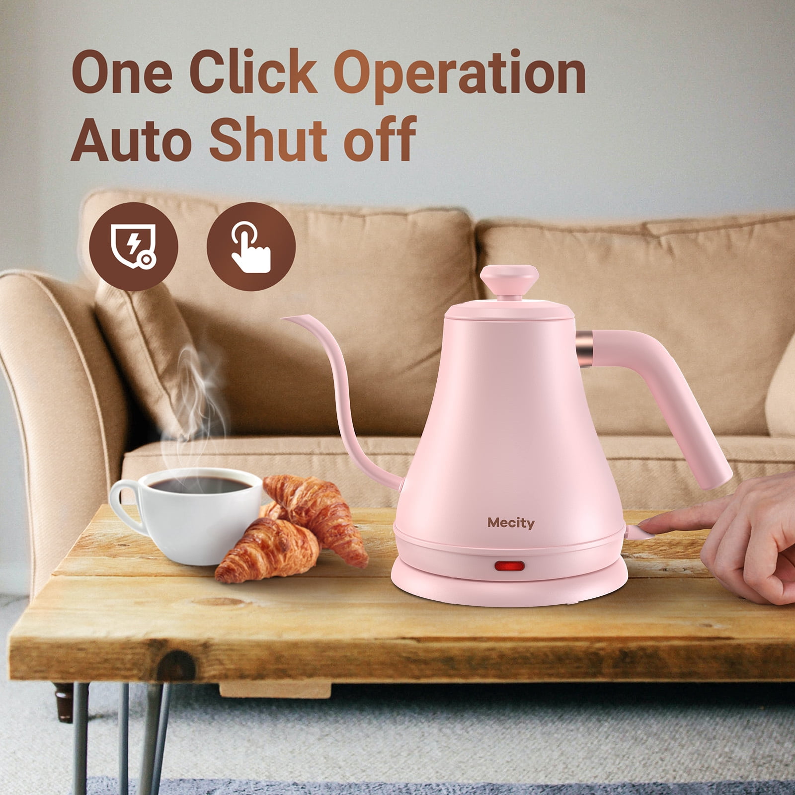 Mecity Basic Gooseneck Kettle, Stainless Steel, Fast Heating, Auto Shut Off, 0.8 L, 1000W, Pink