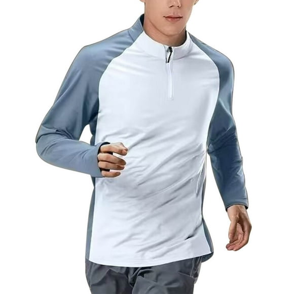 hoksml Men's Sports Fitness T-shirt Long Sleeve Shirts Moisture Wicking Running Workout Tee Top Solid Color Round Neck Zipper Colour Blocking Outdoor Hiking Sun Protection Shirts Clearance
