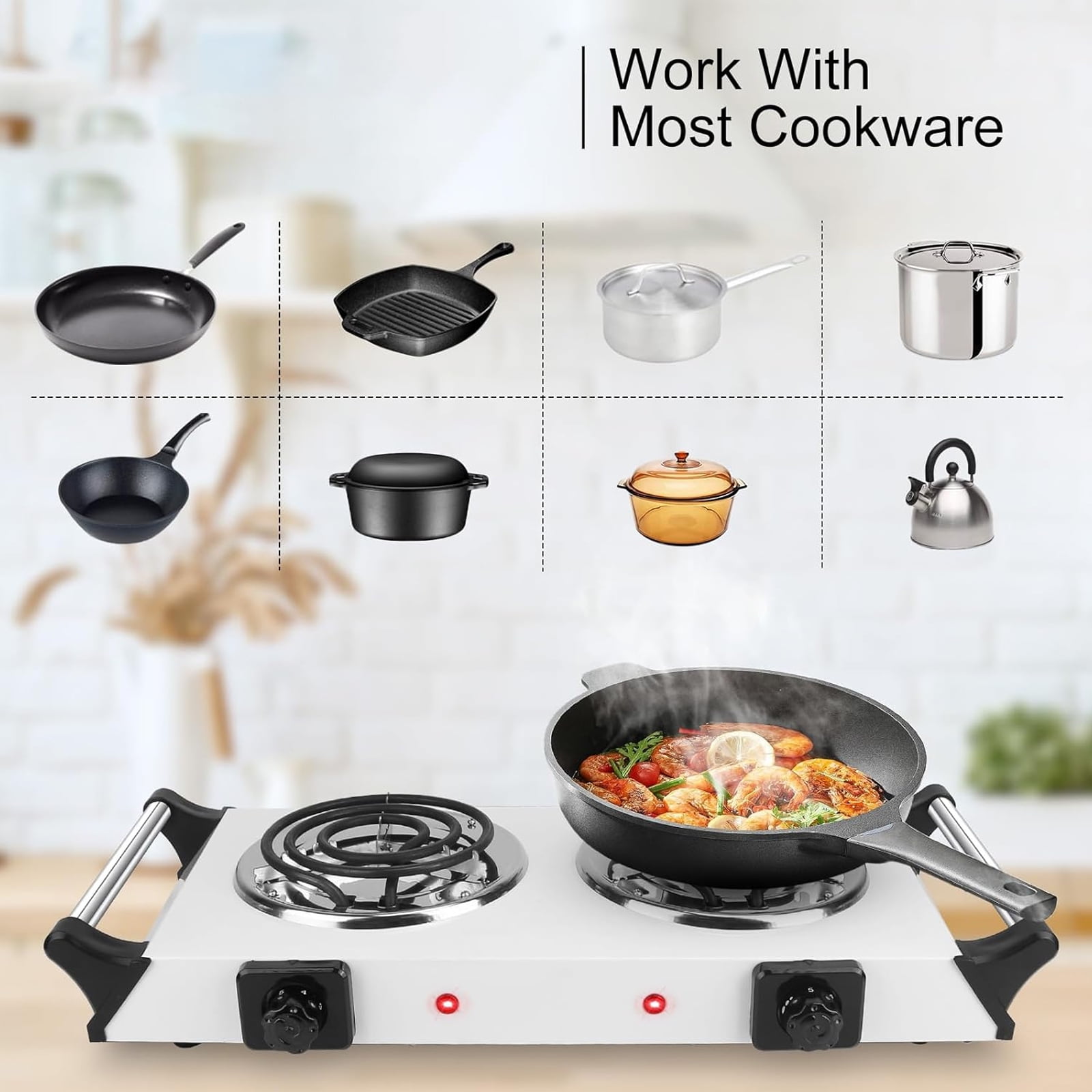 DICEEVIL Electric Double Burner, 2000W Portable Electric Stove Countertop Double Burner, Hot Plate with Handles & Adjustable Temperature, Cooktop for Cooking, Home, Camp, White