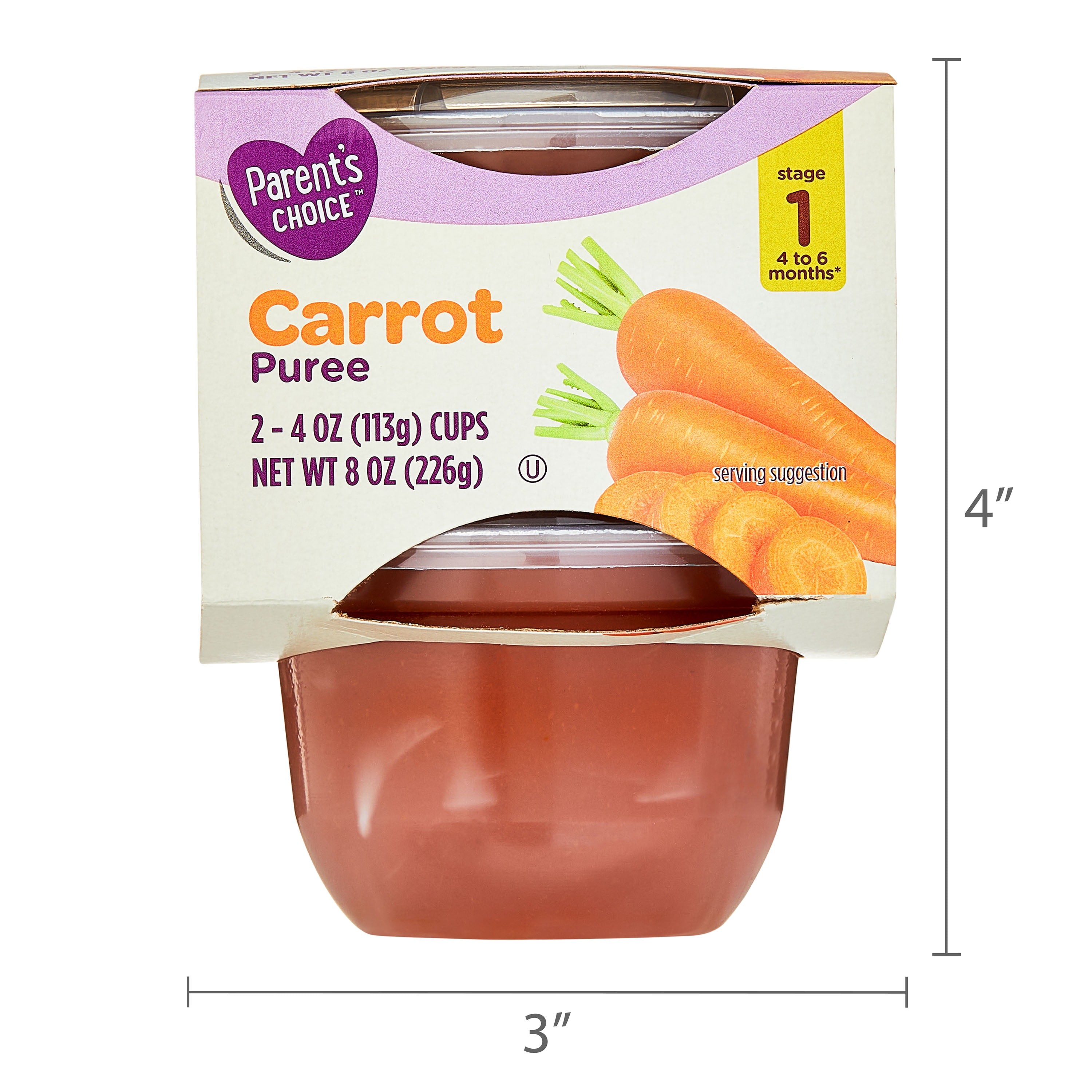 Parent's Choice Stage 1 Baby Food Carrot Puree, 4 oz Cups, 2 Pack