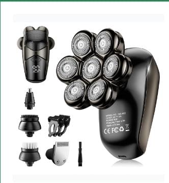 Nogroa Head Shavers for Bald Men, Magnetic Electric Razor, 7D Rotary Shaver 5 in 1 Grooming Kit, IPX7 Waterproof, Wet/Dry, LED Display, Rechargeable, Cordless, Dark Black