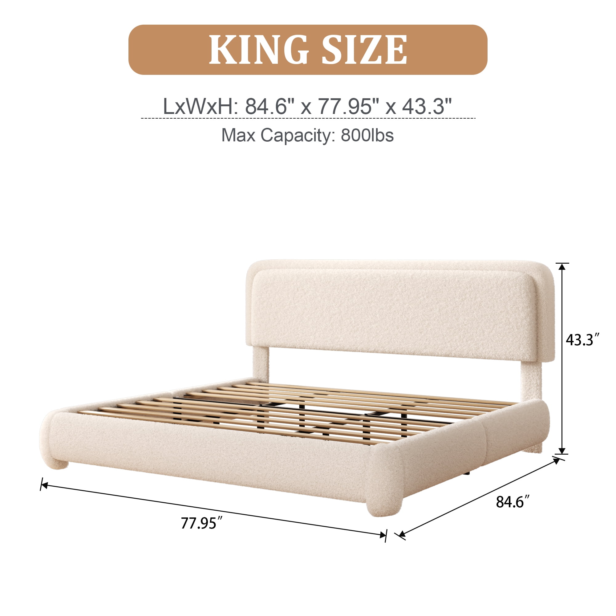 VIPLOV King Size Boucle Bed Frame, Cloud Upholstered Platform Bed with Height Adjustable Headboard & Soft Rounded Corners, No Noise Free, Easy Assembly,Beige