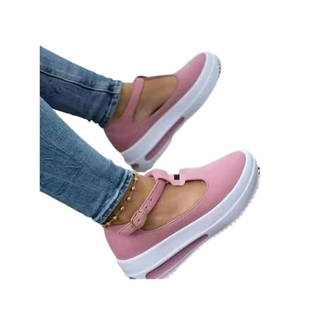 

Welliumy Women Loafer Retro Wedge Loafers Closed Round Toe Platform Shoe Office Casual Shoes Outdoor Lightweight T-strap Pink 8.5