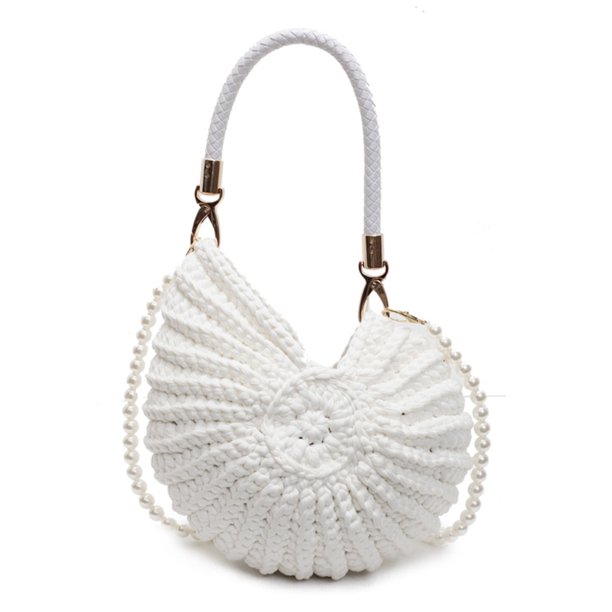 Bolso Bandolera Con Cadena Perlas Hombro Playa Tejido A Mano Concha Mujer () Blanco