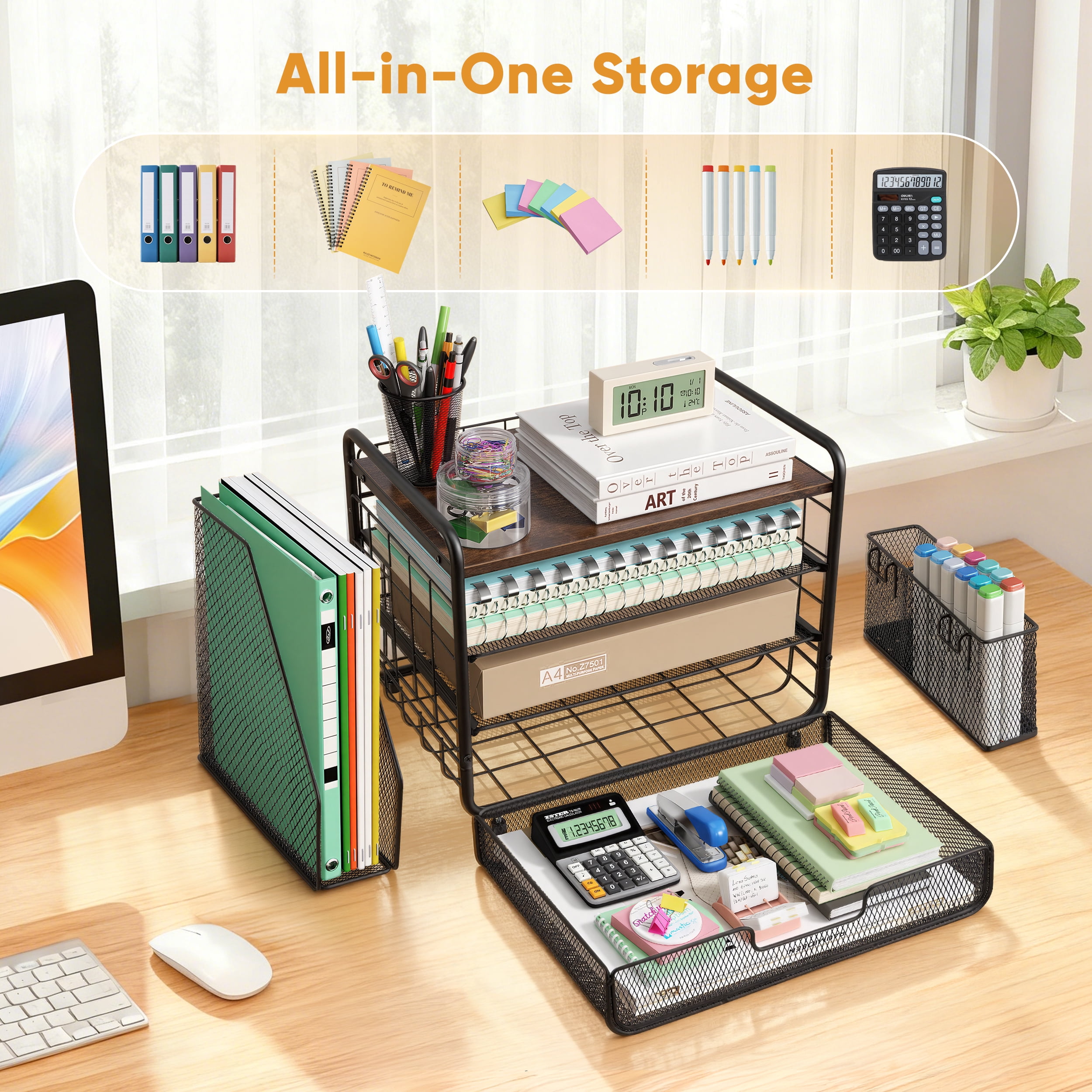 YTAKY Desktop Organizer, 4-Tier Metal Desktop File Organizer with Drawer and Pen Holder,Office Supplies