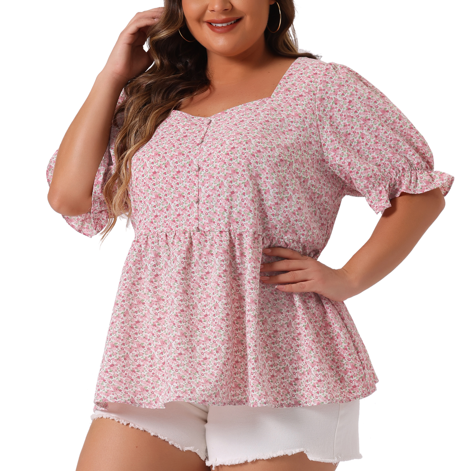 DARING DIVA Women's Plus Floral Peplum Short Sleeve Cute Blouse 4X Pink