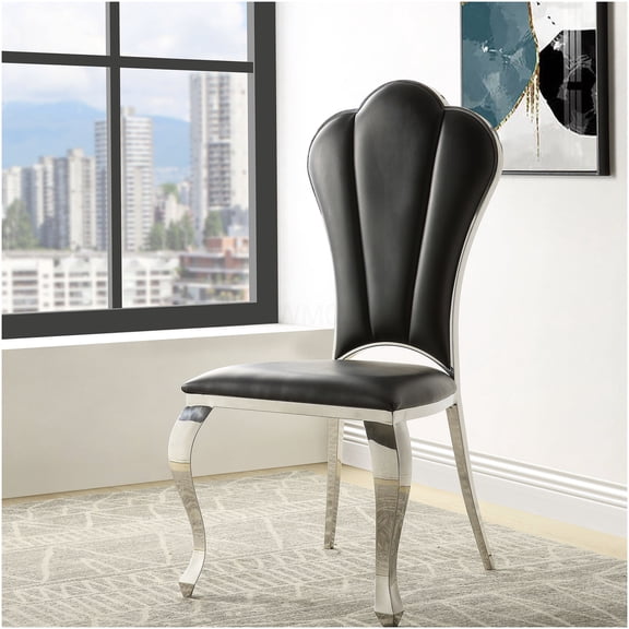 Black PU Leather Side Chairs with Tufted Back, Set of 2 Modern Dining Chairs