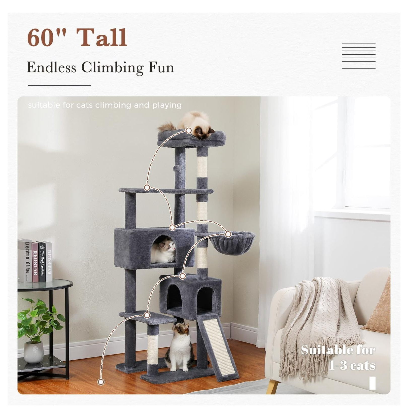 60'' Cat Tree Tower, Large Cat Condo with Scratching Posts & Hammock - Smoky Gray