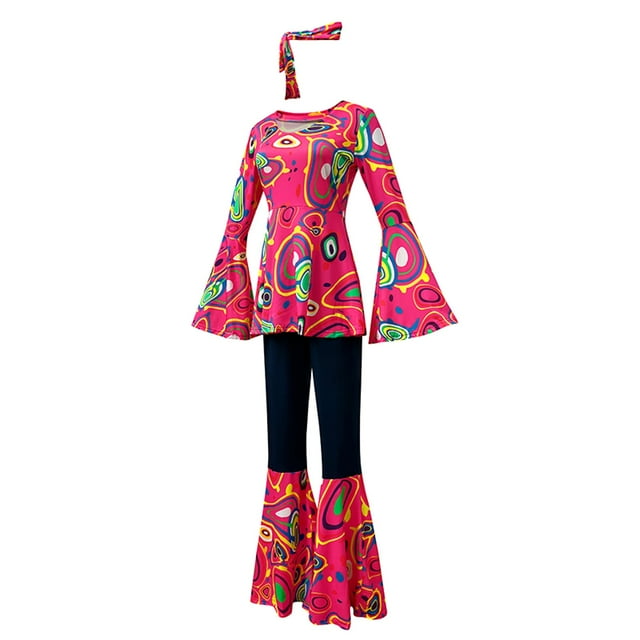 Color Printed Top Pants Patchwork Suit With Hijab Disco Dress Woman Cosplay Red L