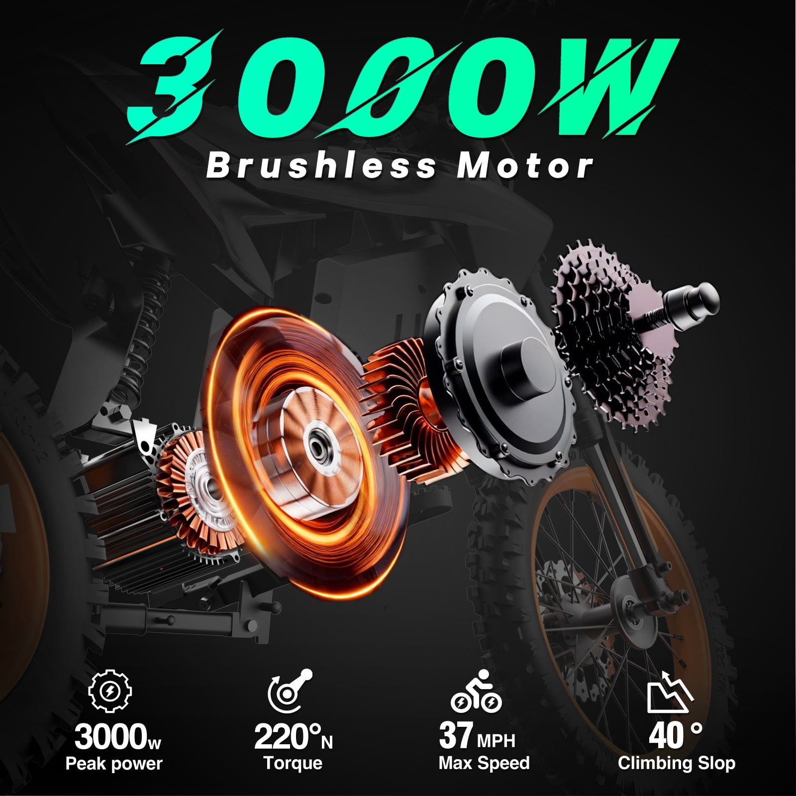 Bopzin 3000W Electric Dirt Bike for Teens,48V 30AH Removable Battery,up to 37MPH & 60Miles,14"/12" Knobby Tires Mountain Bike UL2849
