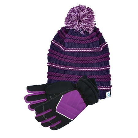 Raised Stripe Beanie w/ Pom and Ski Sports Gloves