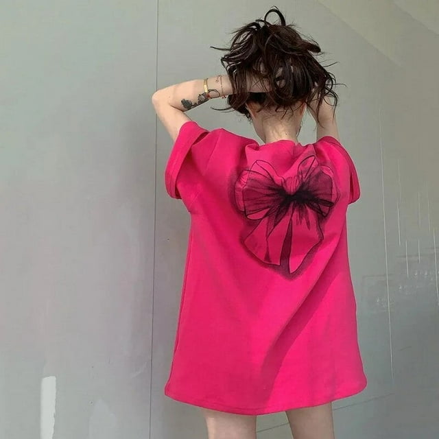 T-Shirt Ample Décontracté à Manches Courtes Imprimé pour Femmes Simplicité Nœud Lettre Pull Top Tee - Rose Rouge / TTG