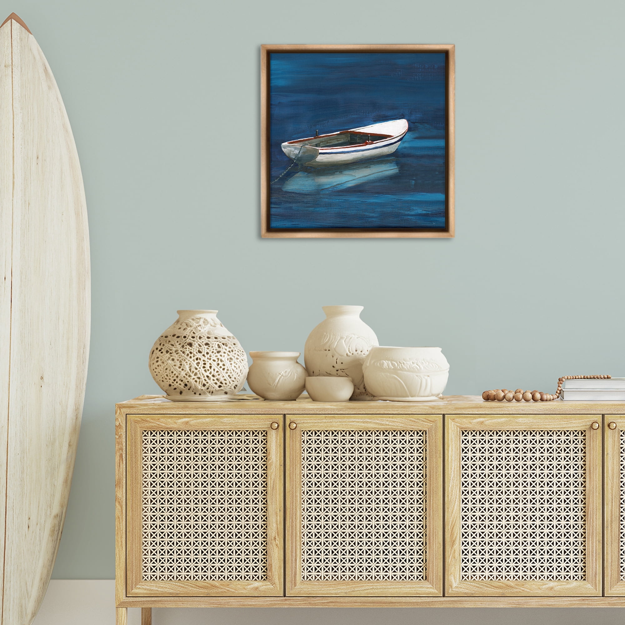 Stupell Industries Calm Floating Boat Transportation Painting Brown Floater Framed Canvas Art Print Wall Art, 25 x 25