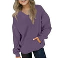 thumbnail image 2 of Girls Purple V-Neck Pullover Sweatshirt, 95% Polyester 5% Spandex Soft Stretch, Relaxed Fit with Kangaroo Pocket, Sensitive Skin Friendly for Girls 4-12,Size 5 T, 2 of 8