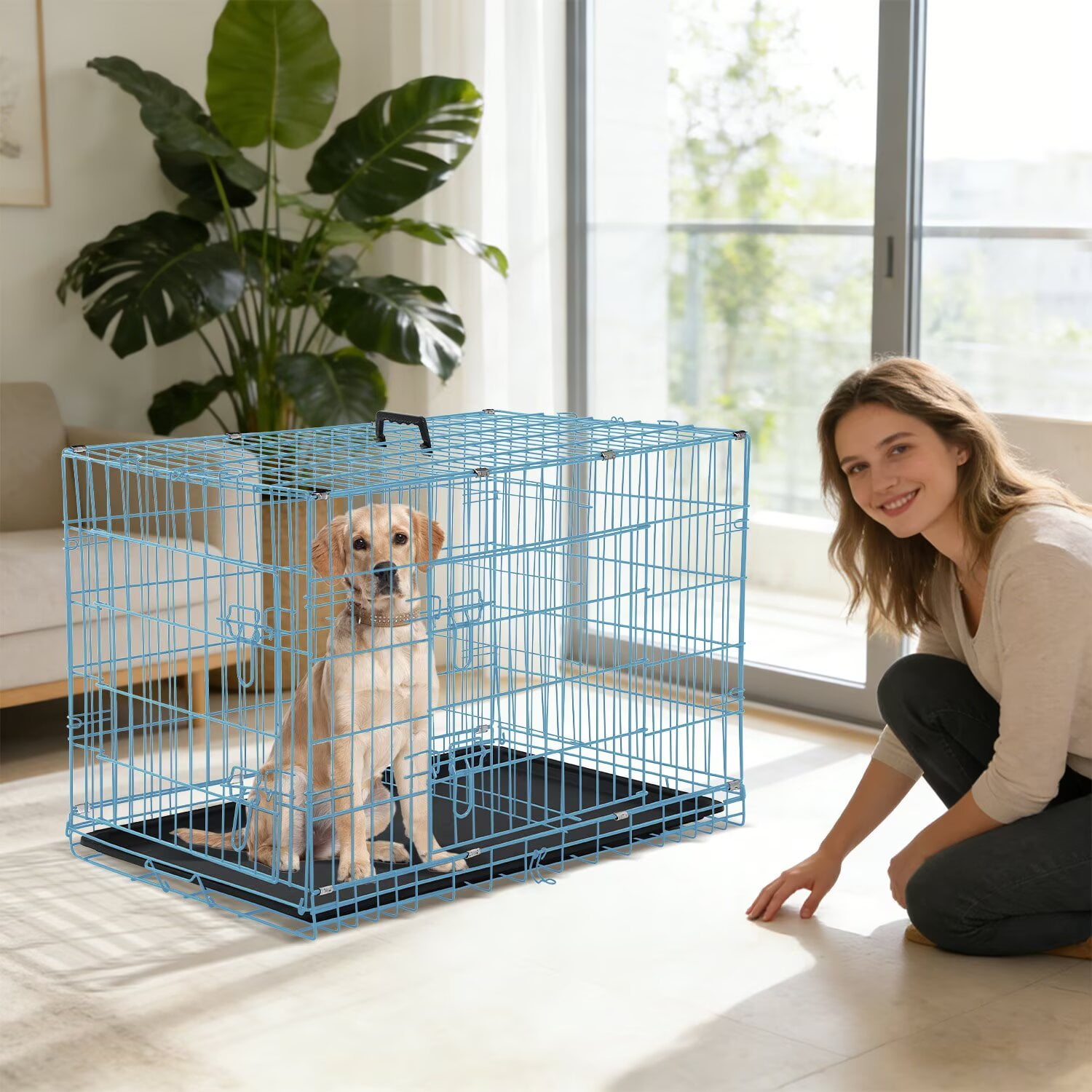 CL.HPAHKL Durable Wire Dog Crate, Folding Metal Dog Kennel Double Door Dog Cage with Plastic Tray, Pet Crate for Large Dog Indoor Outdoor Travel (Blue, 36 inch)