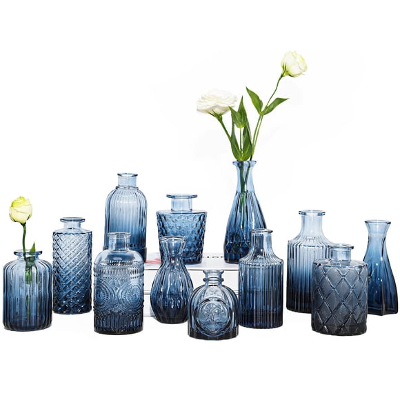 Set de jarrones de cristal azul TBWIND, 12 unidades, para flores