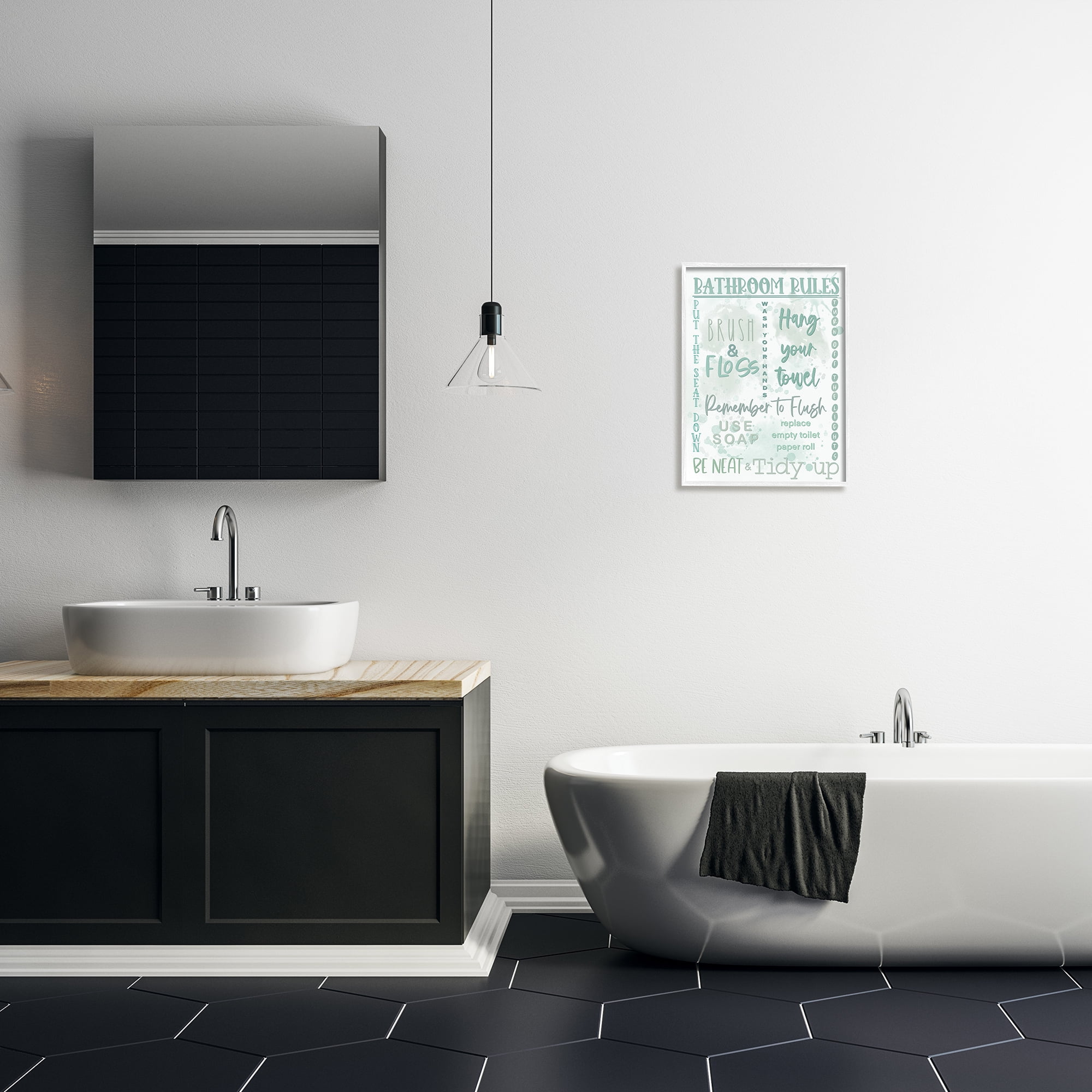 Stupell Industries Green Bathroom Rules Typography Painting White Framed Art Print Wall Art, 16 x 20