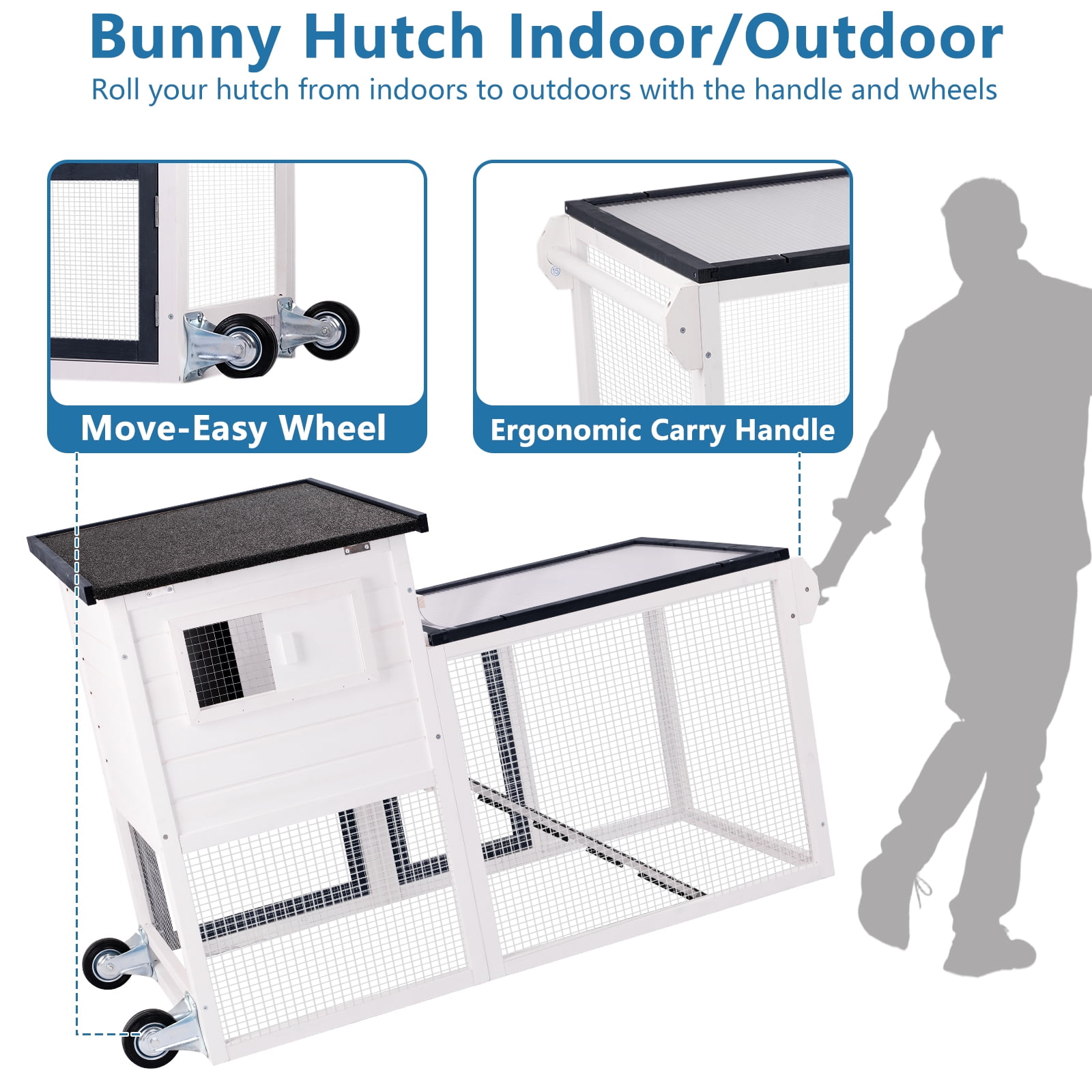 Rabbit Hutch Outdoor Indoor Bunny Cage Chicken Coop with Wire Floor Slide Out Tray, Chew-Resistant Ramp & Entrance Openable Roof Handle Wheels