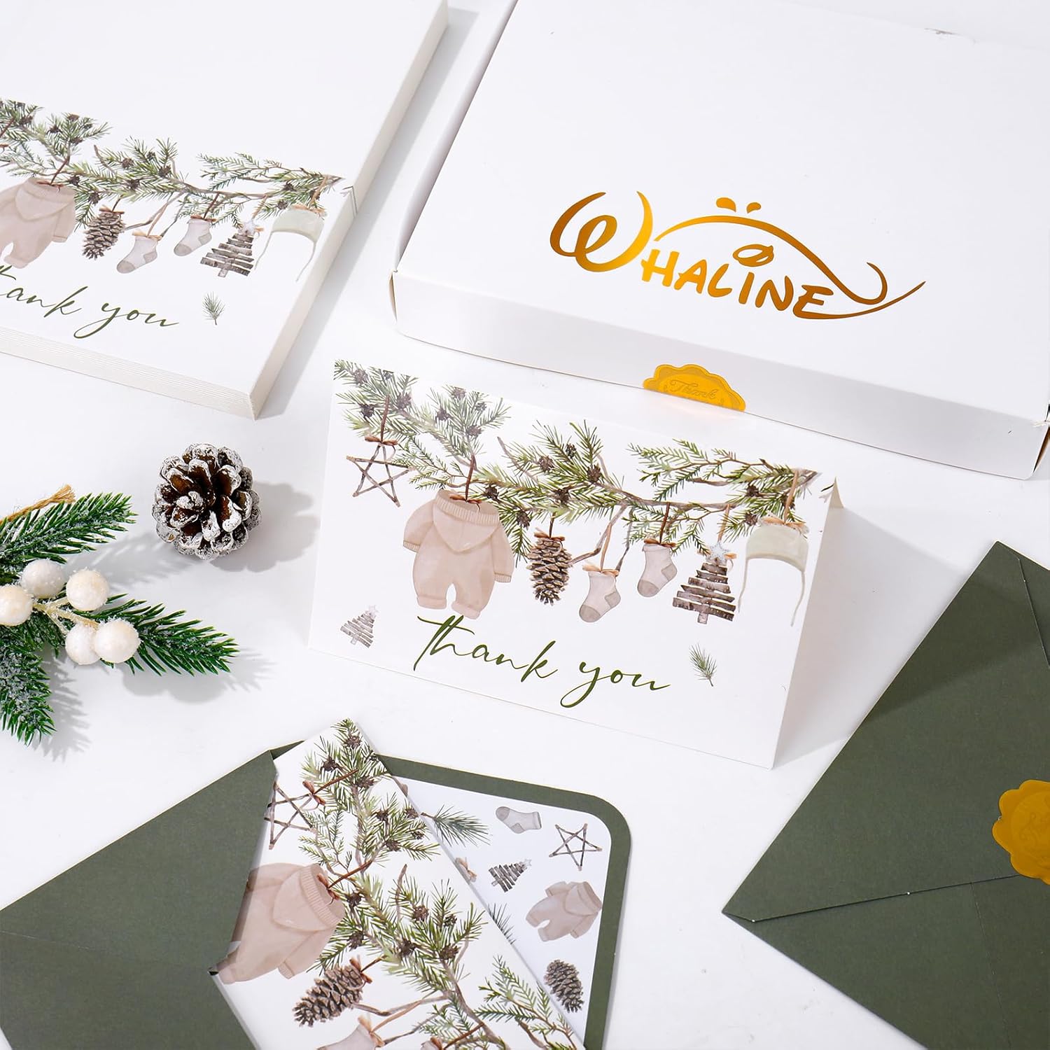 50 Pack Christmas Baby Shower Thank You Cards Bulk Boxed Winter Blank Note Cards with Envelope Stickers Winter Pine Cone Branch Baby Cloth Greeting Card for Birthday Boys