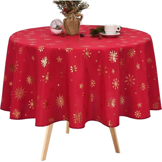 Christmas Tablecloth, Gold Snowflake Christmas Table Cloth for Winter, Red Christmas Tablecloths, Waterproof Spill-Proof Table Cover for Table, Kitchen, Dining, Holiday, 60 Inch Round