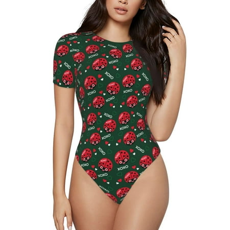 Vsdgher Ladybugs In Love Prinr Short Sleeve Body suit for Womens  Sexy Onesie One Piece Round Neck Bodysuit Shapewear Tummy Control-Medium