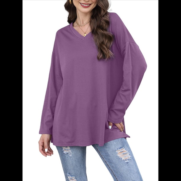 Blusas de Mujer de Larga con Cuello en V, Túnicas Casuales, Camisas Básicas, Blusas Holgadas Púrpura XL