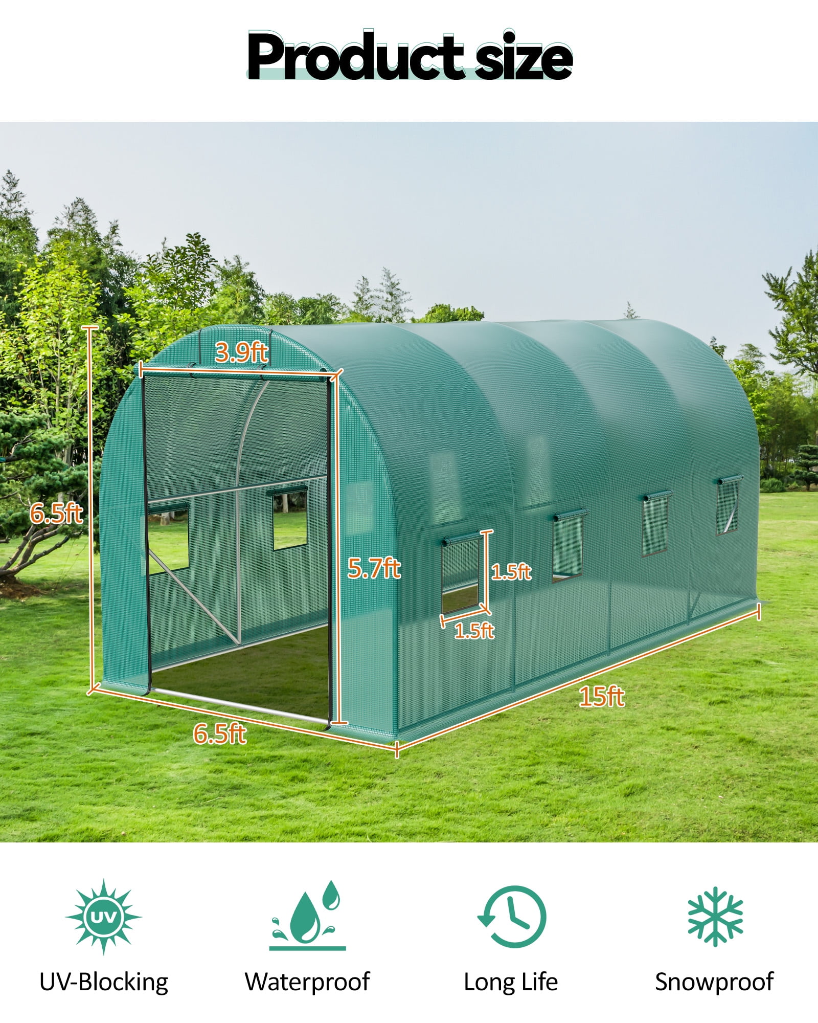 Walk-In Tunnel Greenhouse 15×7×7 FT – Heavy Duty Outdoor Greenhouse with Galvanized Steel Frame, Thick PE Mesh Cover, 8 Roll-Up Mesh Windows & Zipper Door for Backyard Gardening