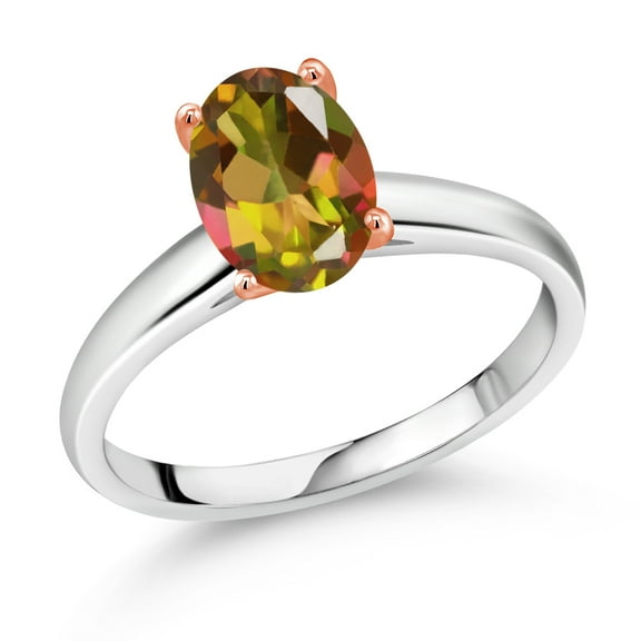 Gem Stone King 2.00 Ct Oval Mango Mystic Topaz 10K White and Rose Gold Ring (Size 6)
