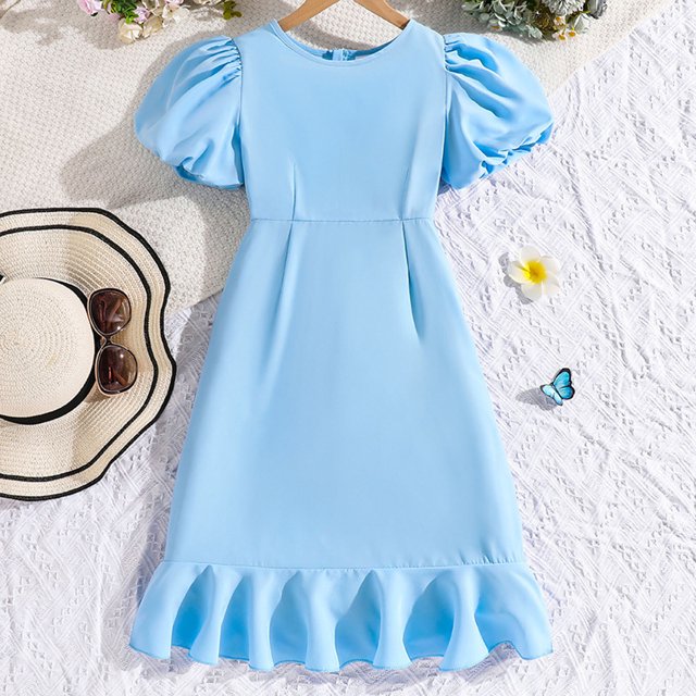 LOVZFMLL Robe à Manches Courtes pour Enfants, Taille Cintrée, Couleur Unie