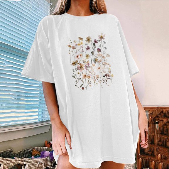 Njoeus Womens Tops Hawaiian Shirts for Women Oversized Tshirts for Women Summer Floral Printed T Shirt Cute Flower Graphic Tees for Women Girls Loose Fitted Crew Neck Short Sleeve Casual Tunic Tops S-