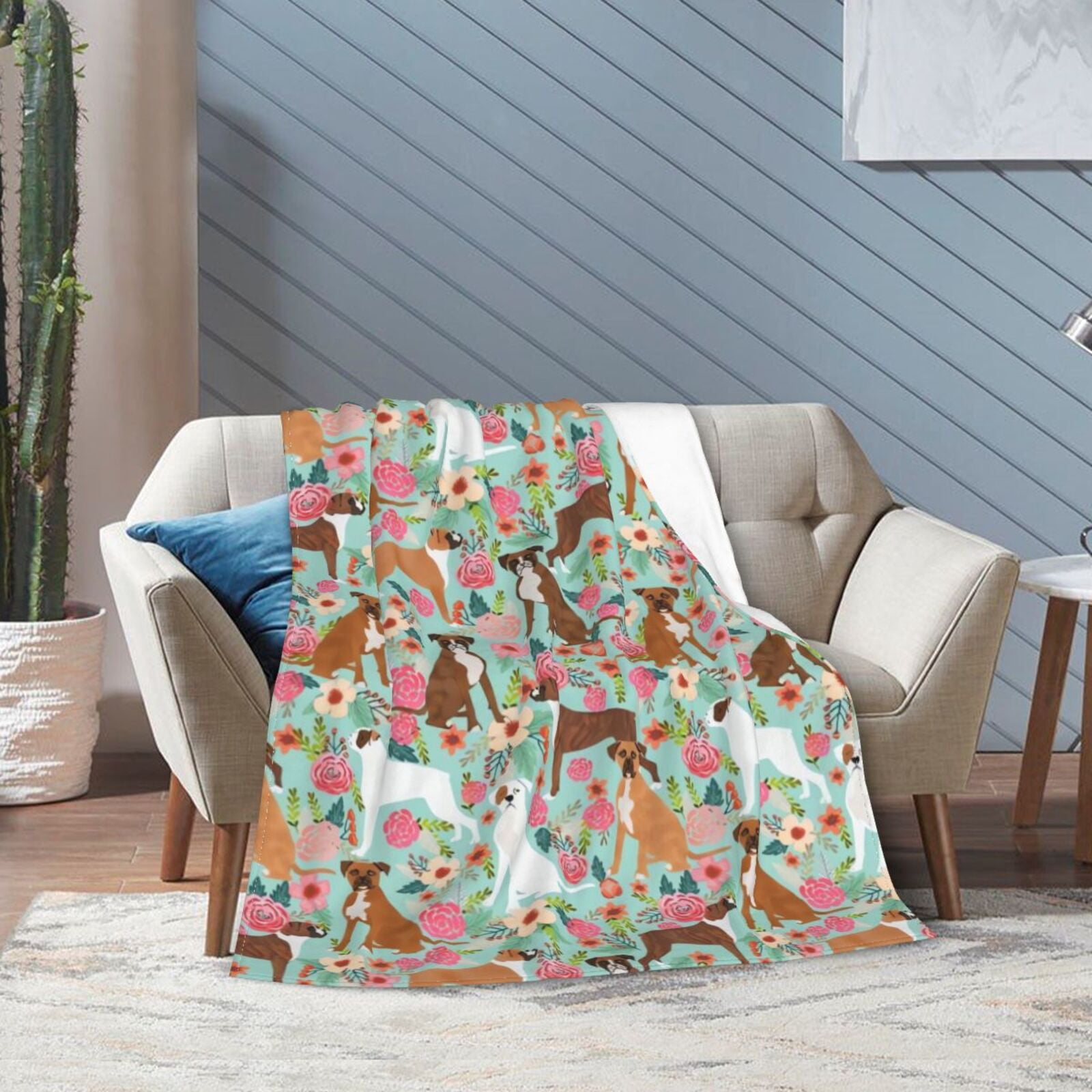 Wijzvio Boxer Dogs Lovers Flower Floral Throw Blanket Soft Fuzzy Fleece Blanket For Couch Bed Living Room Decoration 50"X40"