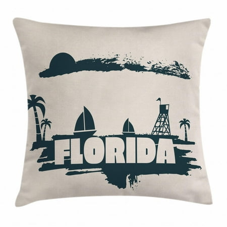 Florida Throw Pillow Cushion Cover, Palms Safeguard Tower on Beach Yachts and Paintbrush Cloudscape, Decorative Square Accent Pillow Case, 16 X 16 Inches, Dark Blue Grey and Eggshell, by