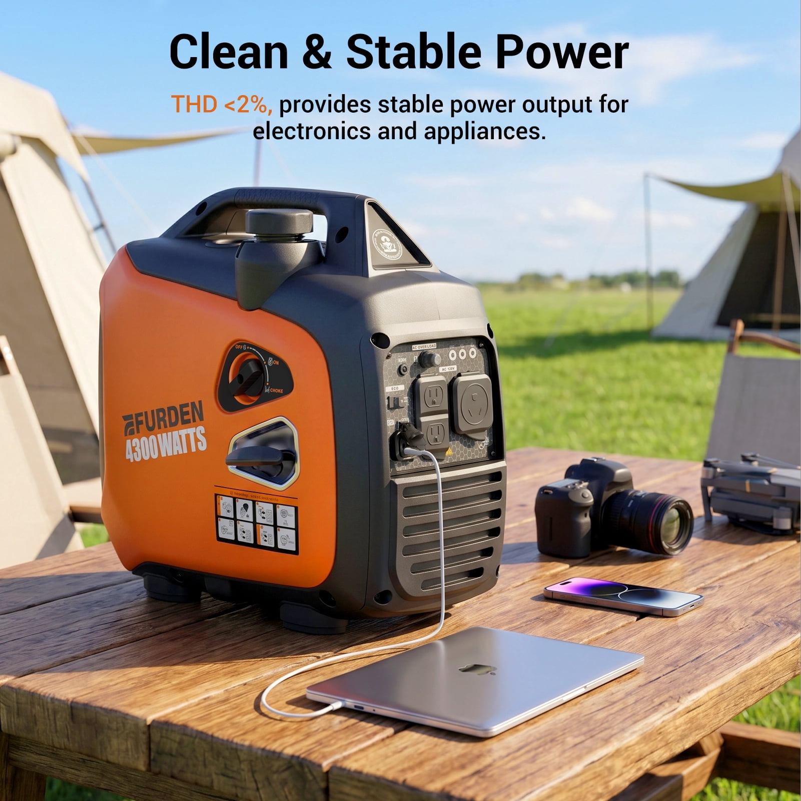 Efurden 4300W Portable Inverter Generator, Gas Generator for Outdoor Camping and Home Backup Use, Super Quiet Low Oil Shutdown, ECO Mode