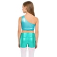 thumbnail image 2 of TSSOE Kids Girls 2-Piece Dance Outfits Hip Hop Jazz Cheer Dance Suits Shiny One Shoulder Crop Top and Booty Short Set Light Blue 4, 2 of 5