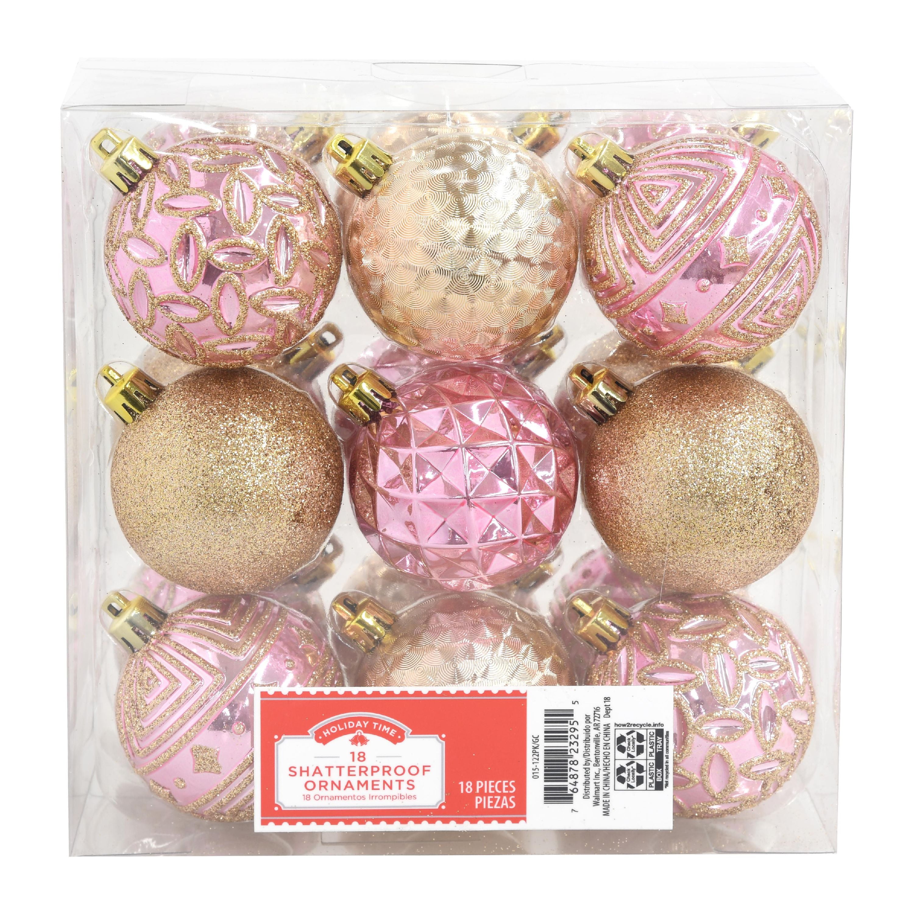 Holiday Time Shatterproof Ornaments, Pink & Gold, 18 Count