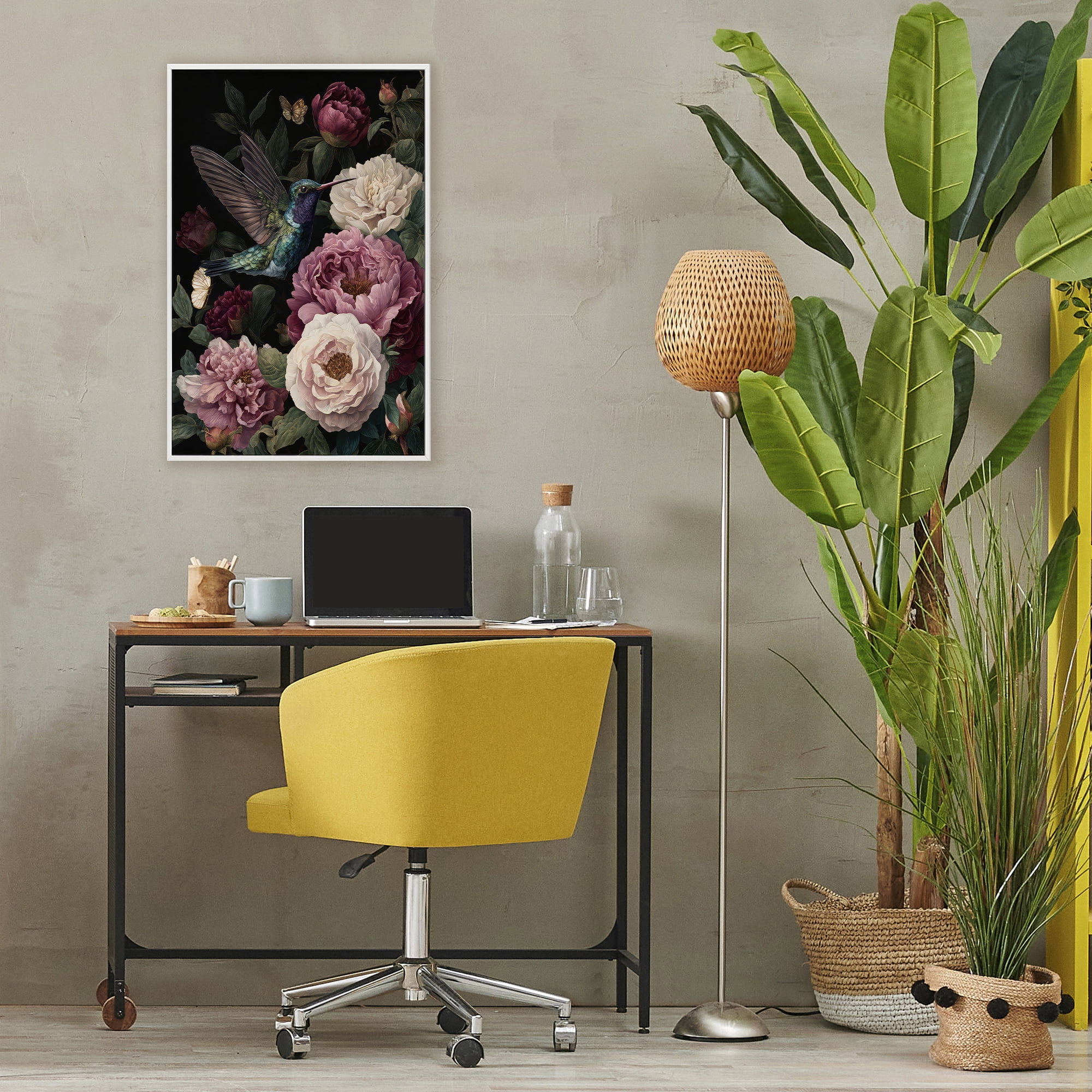 Stupell Industries Hummingbird & Lush Peonies White Framed Giclee Art, design by The Wands Want