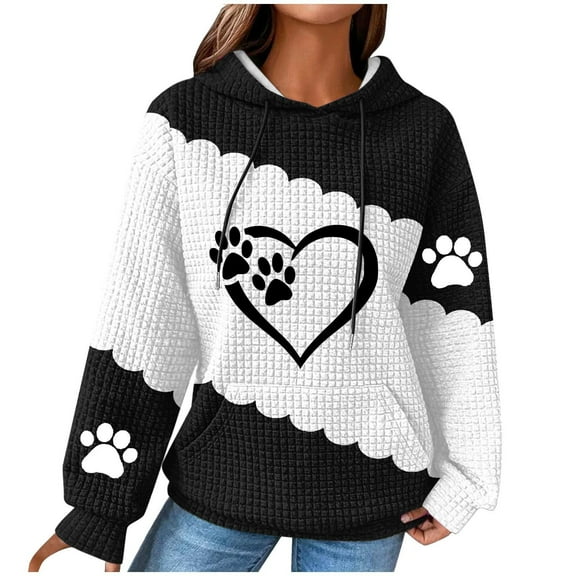 Hooded Sweatshirt for Womens Cute Dog Paw Heart Print Hoodies with Front Pocket Sweatshirts Color Matching Waffle Knitted Sweatshirts Loose Casual Long Sleeve Tops Hooded Outwear