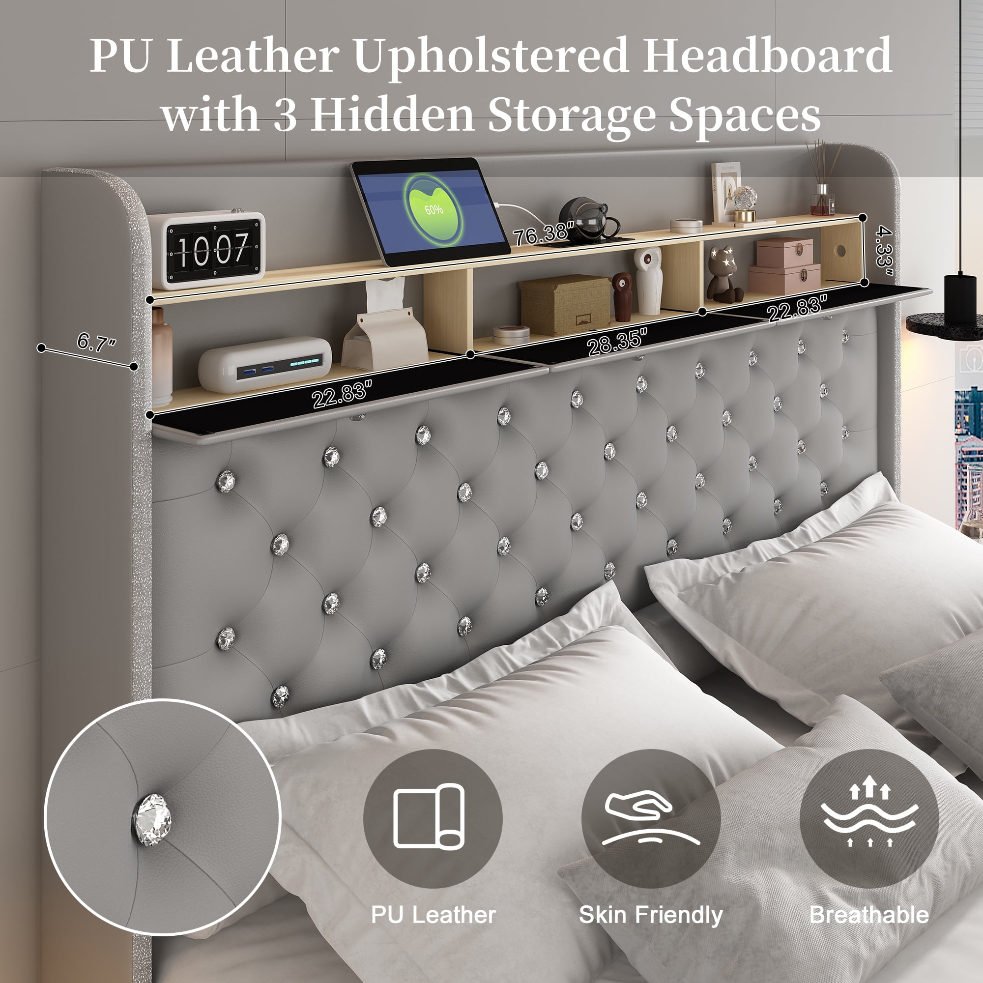 SIBEDS King LED Bed Frame with Galaxy Projector, Charging Station, 52" Headboard & 2 Drawers, Grey