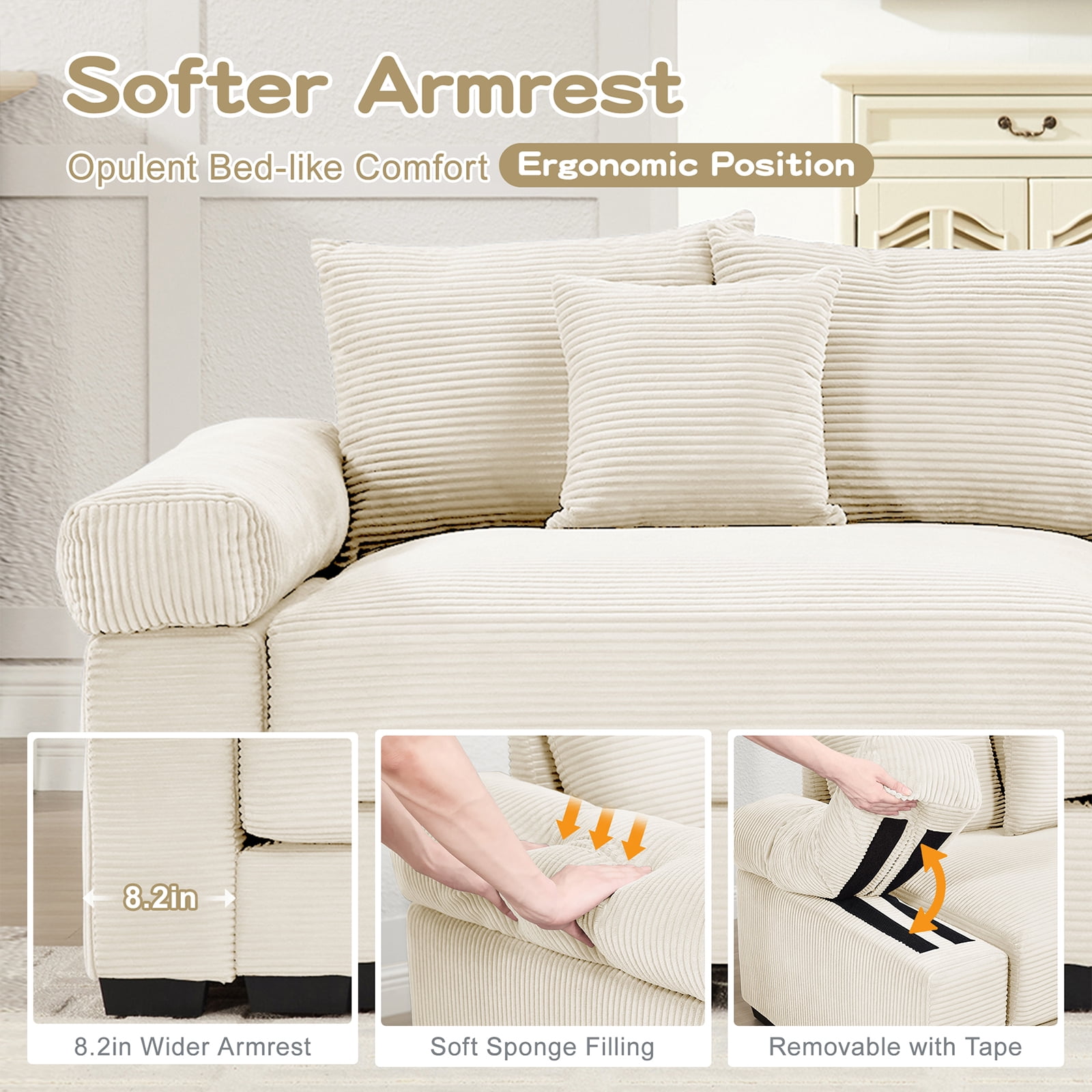 142" Modern Corduroy Sectional Couches for Living Room, Comfortable Corner Couch Sofa, Beige 4 Seater Corner Couch with 1 Ottoman for Flexible Layout, Muebles para la Sala