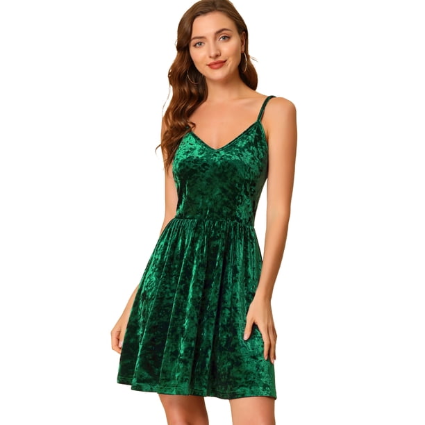 Mini Vestido De Fiesta De Terciopelo Con Tirantes Finos Y Cuello En V Para Mujer Verde M