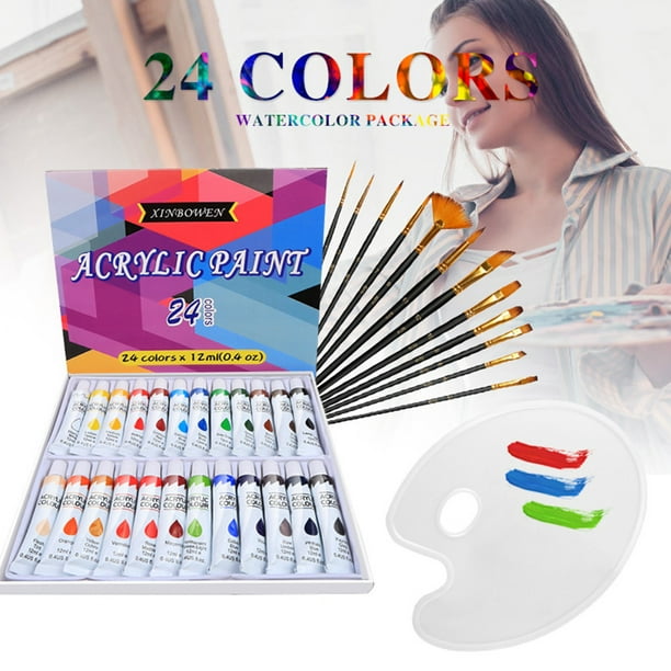 Acrylic Paint Brush Set With 24 Pigments Colors & 12 Paintbrushes & 1