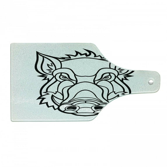 Razorback Cutting Board, Uncolored Outline Design Drawing of Wild Boar Pig Head Illustration, Decorative Tempered Glass Cutting and Serving Board, in 3 Sizes, by Ambesonne