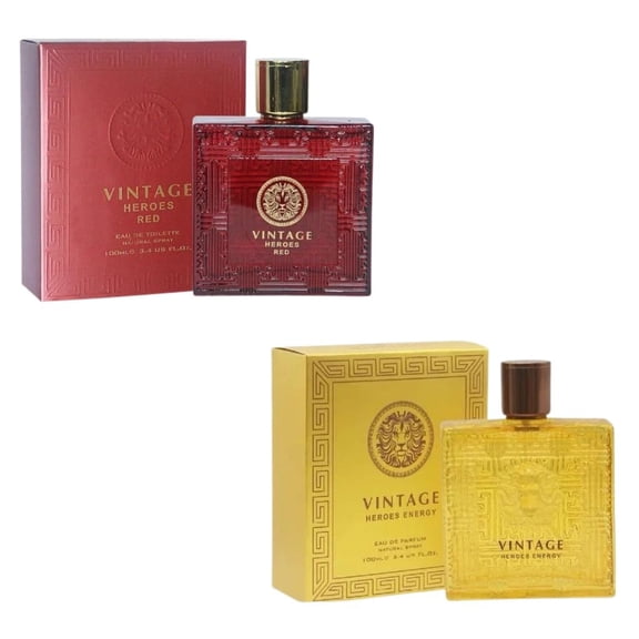 Vintage Heroes Collection for Men – Set of 2 Eau de Toilette Sprays (Red & Energy) – 3.4 FL Oz | 100 ml Each – Long-Lasting Bold & Fresh Fragrance Gift Set