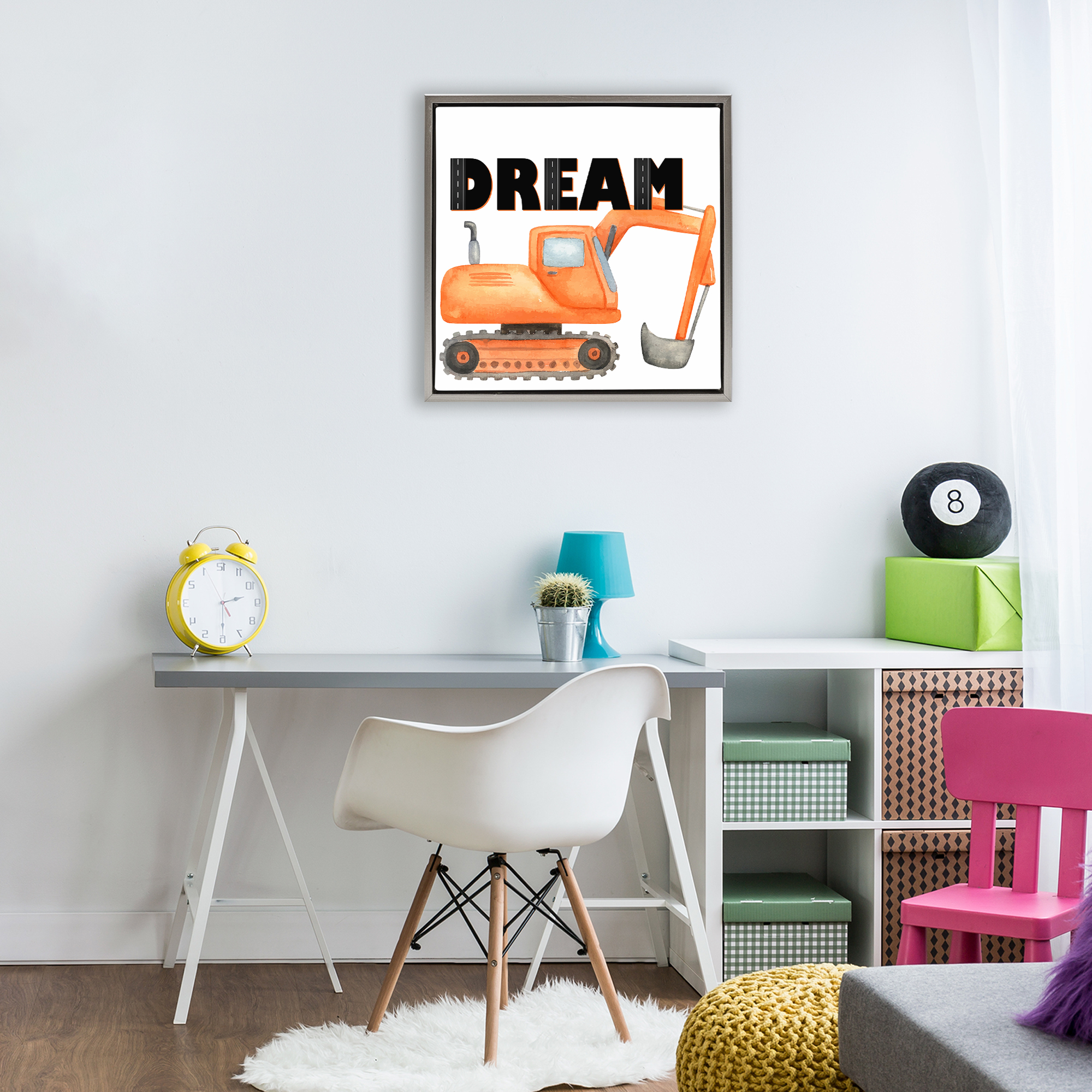 Dream with Orange Excavator Gray Framed Floater Canvas Wall Art, design by Kim Allen