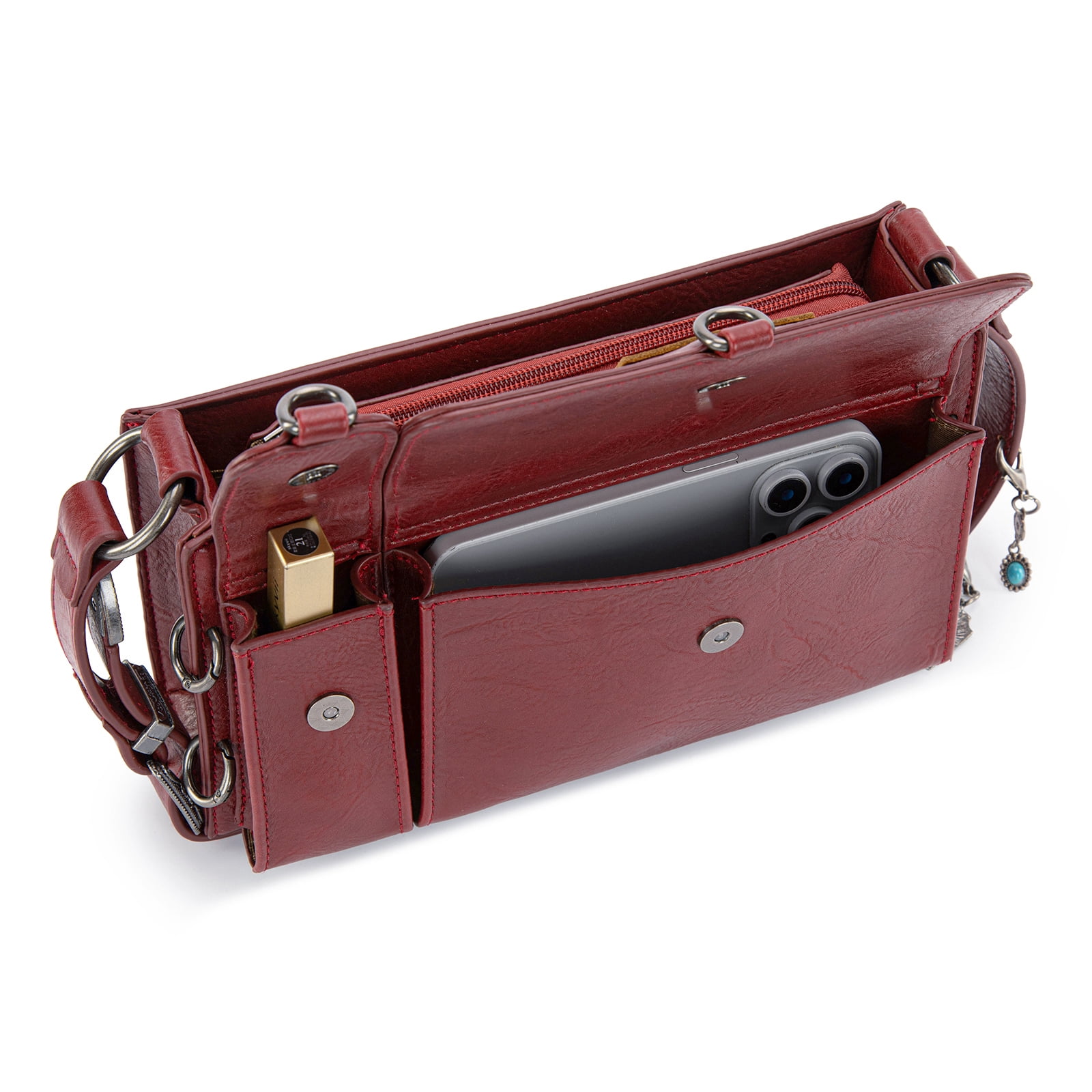 Wrangler Y2K Purse Small Shoulder Bag for Women Stylish Western Design with Detachable Charms Multiple Pockets, Burgundy