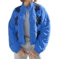 thumbnail image 2 of Female Floral Embroidered Cropped Quilted Jacket Winter Warm Button Down Puffer Jacket Coat with Pockets Blue M, 2 of 10